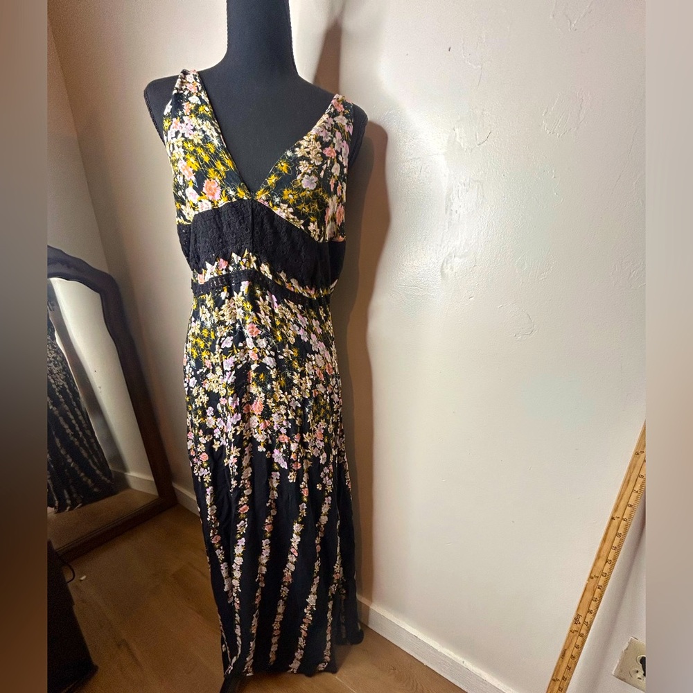 Free People Black Floral Maxi Dress with Pink and Yellow Accents